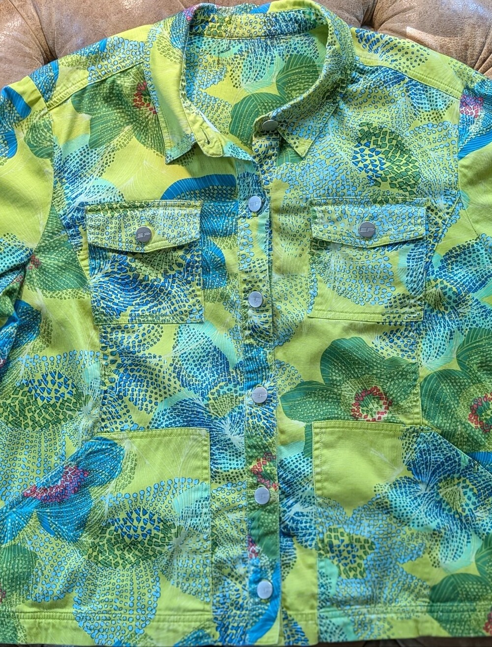 Evan Picone Floral Women's Button Down Multi Pocket Shirt Green Yellow sz Large